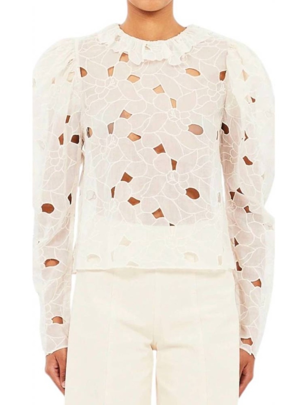 Ulla Johnson Enid Embroidered 100% Cotton Long Sleeve Blouse in Chalk Sz. 10